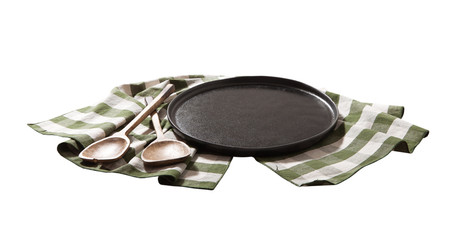 Black plate or tray, or pizza board, with tablecloth isolated. Top view mockup