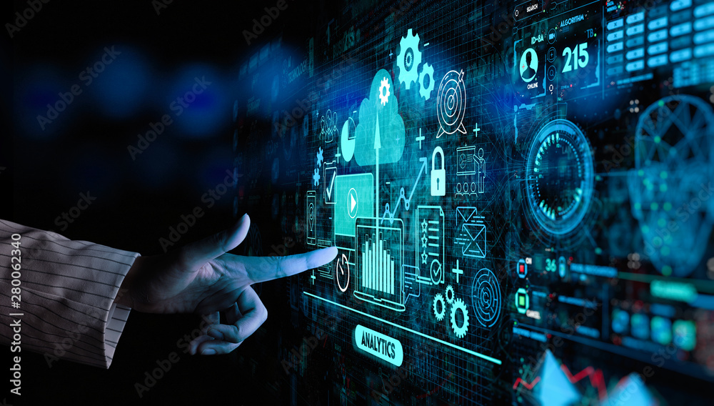Wall mural hand touching business data analytics process management with kpi financial charts and graph and aut