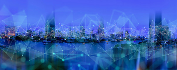 abstract city with lowpolygon link line as network telecommunication concept