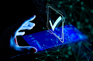 Hand working with smart phone Standard Quality Control Certification Assurance Guarantee Internet...