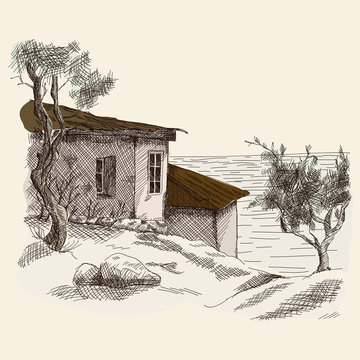 Seascape in summer sunny hot day. Old houses with a tin roof and trees on the beach. Hand sketch in vector.