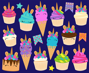 Cute Vector Collection of Unicorn Themed Desserts and Birthday Decorations