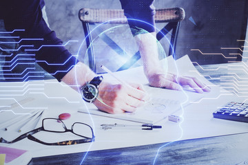 Man with multi exposure brain theme icons.