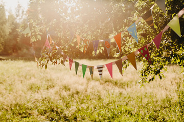 Multi-colored festive flags hang on a tree in the park. Picnic, holidays, birthday.