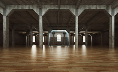 Abandoned assembly hall, empty room, 3d rendering