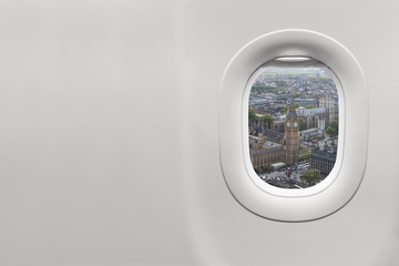 Airplane Window from Customer Seat with Bigeben London View - obrazy, fototapety, plakaty