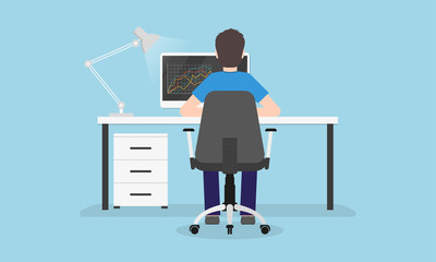 Man is working on the computer. Back view. Person sitting on a chair in the desk or table. Home office, workplace or workspace concept. Vector illustration.