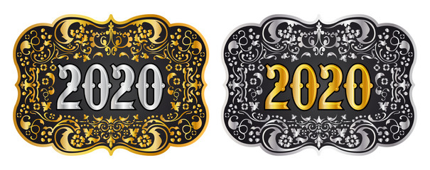 2020 New year Cowboy belt buckle gold and silver design, 2020 western badge