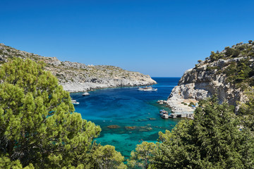 ship in the Anthony Quinn Bay on the island of Rhodes, Greece .
