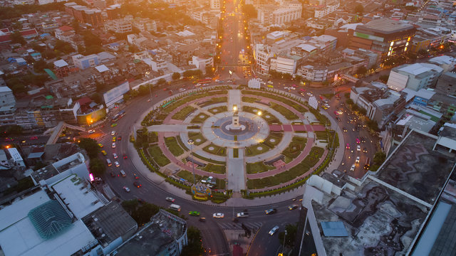 Aerial View Traffic Road Roundabout In City, Bangkok Thailand.