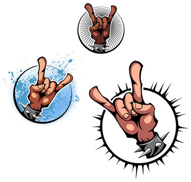 Set of Rock On Hand signs, heavy metal sign of the horns, vector image, isolated on white background.