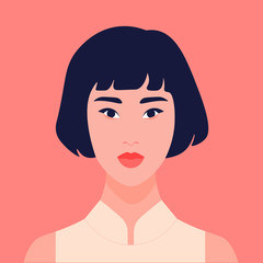 Portrait of a calm Asian girl. Avatar schoolgirl. Female student. Vector flat illustration