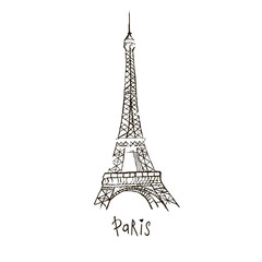 Fototapeta na wymiar Vector Paris drawing. The Eiffel Tower. Doodle style. Hand-drawn picture on a white background