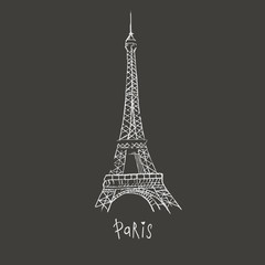 Vector Paris drawing. The Eiffel Tower. Doodle style. Hand-drawn picture on a black background