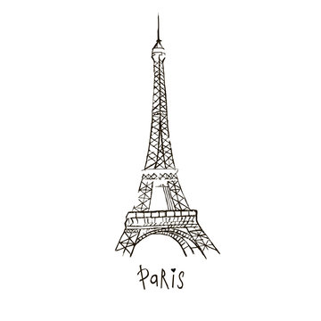 Vector Paris drawing. The Eiffel Tower. Doodle style. Hand-drawn picture on a white background