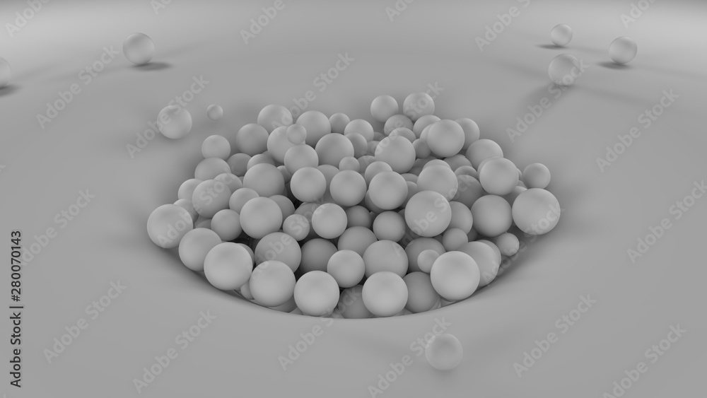 Poster 3d image of many white balls of different sizes in one big pile on a white surface. all objects in t