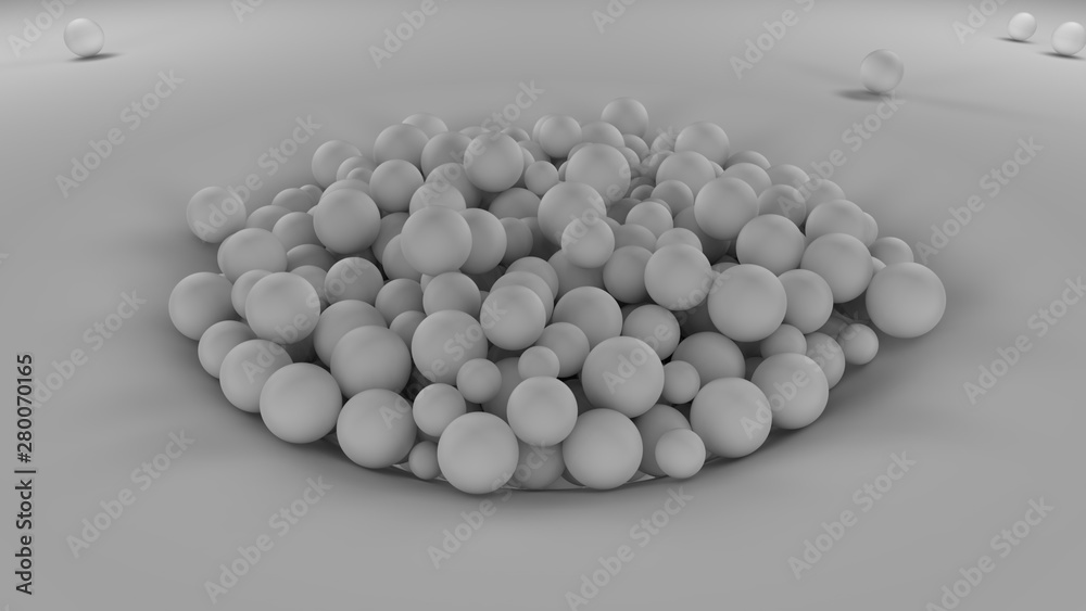 Poster 3d image of many white balls of different sizes in one big pile on a white surface. all objects in t