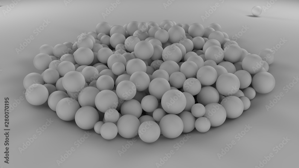 Poster 3d image of many white balls of different sizes in one big pile on a white surface. all objects in t