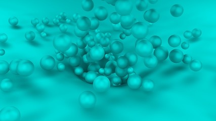 3D image of many white balls of different sizes flying out of the hole on the surface. All objects in the scene are the same color, monocolor. 3D rendering, background, abstract for your desktop.