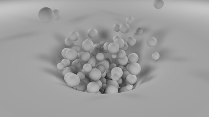 3D image of many white balls of different sizes flying out of the hole on the surface. All objects in the scene are the same color, monocolor. 3D rendering, background, abstract for your desktop.