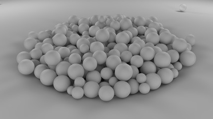 3D image of many white balls of different sizes in one big pile on a white surface. All objects in the scene are the same color, monocolor. 3D rendering, background, abstract for your desktop.