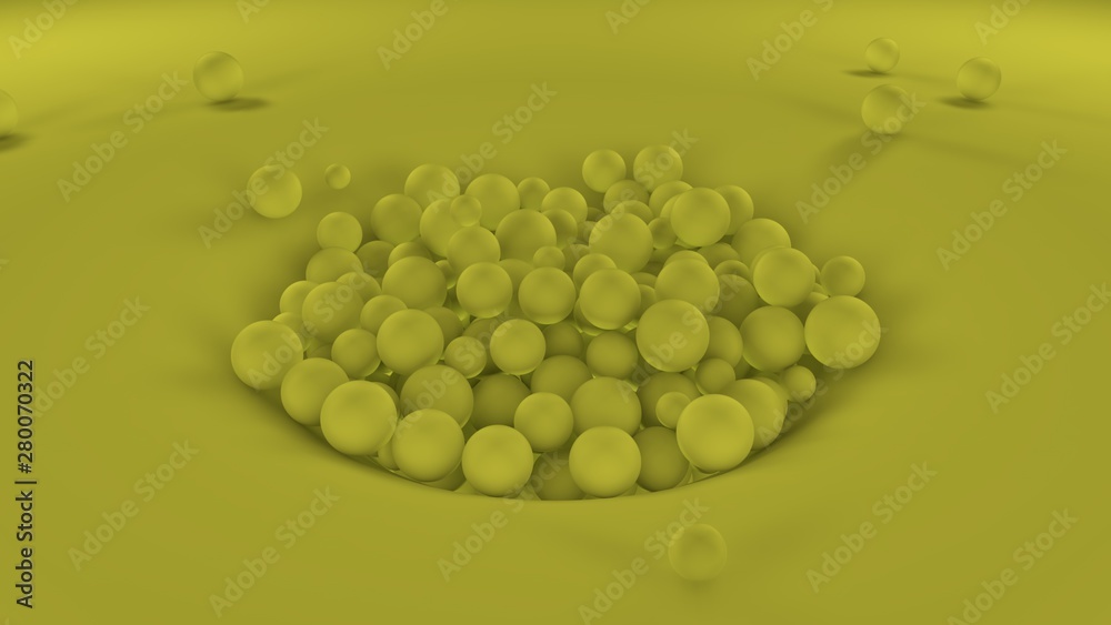 Poster 3d image of many yellow balls of different sizes in one big pile on a yellow surface. all objects in