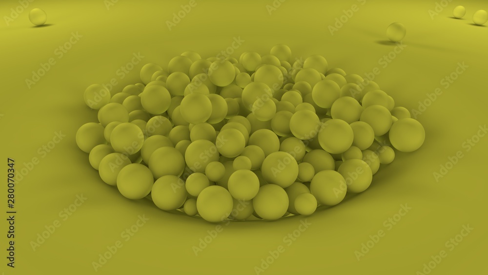 Poster 3d image of many yellow balls of different sizes in one big pile on a yellow surface. all objects in