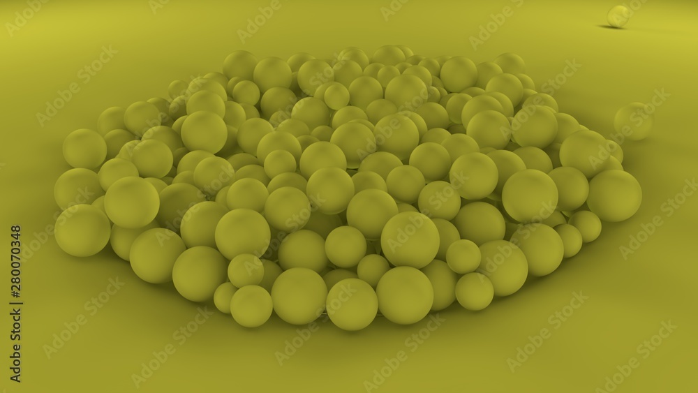 Poster 3d image of many yellow balls of different sizes in one big pile on a yellow surface. all objects in
