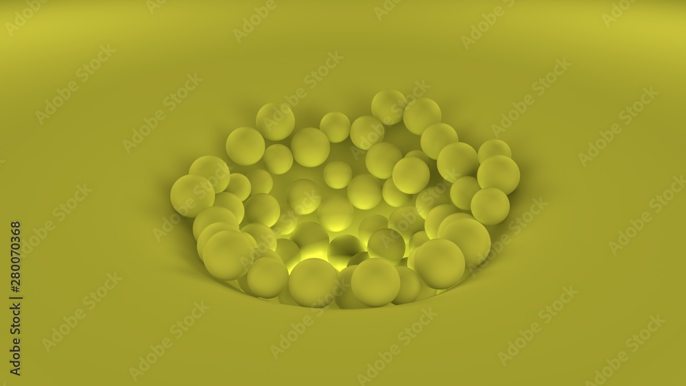 Poster 3d image of many yellow balls of different sizes in one big pile on a yellow surface. all objects in