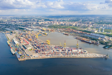 Aerial view on sea port with cargo containers in Saint Petersburg, Russia