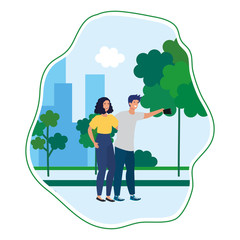 young lovers couple taking a selfie in the camp