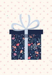 Giftbox with flower pattern and blue ribbon. Vector Illustration