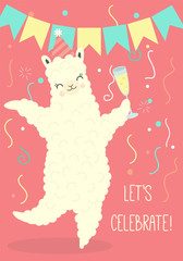 Illustration of happy dancing llama, design for poster, birthday greeting card. Happy birthday, let's celebrate, party