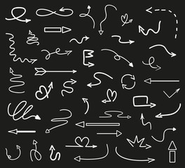 Infographic elements on isolated black background. Hand drawn wavy arrows. Line art. Set of different pointers. Abstract indicators. Black and white illustration