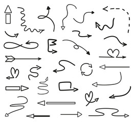 Arrows on isolated white background. Hand drawn simple doodles. Set of different pointers. Abstract indicators. Black and white illustration