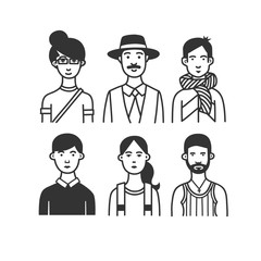 Large collection of  cartoon characters or avatars with different hairstyles and accessories hand drawn with contour lines in one  color. 