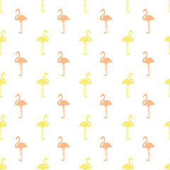 Seamless abstract wallpaper with flamingos. Hand drawn cartoon birds. Print for polygraphy, shirts and textiles. Colored texture. Pattern for your design