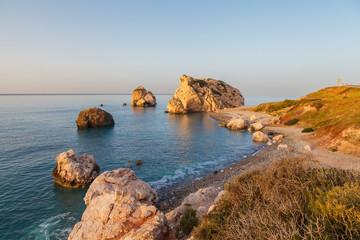 Petra tou Romiou, famous as a birthplace of Aphrodite. Venus rock, sunrise time, Cyprus.