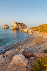 Fototapeta na wymiar Petra tou Romiou, famous as a birthplace of Aphrodite. Venus rock, sunrise time, Cyprus.