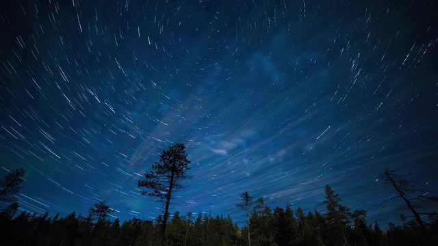 Timelapse of the northern lights and star trails illuminating the Akaslompolo forest, a breathtaking spectacle of nature