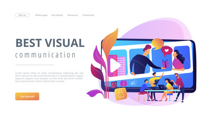Video chatting, Internet hosting. Market tendencies analyzing. Visual storytelling, eye-catching design trend, best visual communication concept. Website homepage landing web page template.