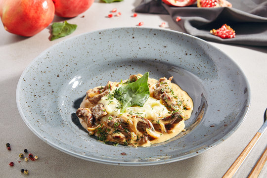 Classic Russian beef stroganoff or beef stroganov