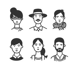 Set of  cartoon characters or avatars with different hairstyles and accessories hand drawn with contour lines in one  color.
