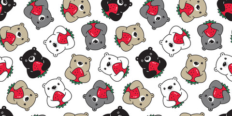 Bear seamless pattern vector polar bear strawberry scarf isolated cartoon tile background repeat wallpaper illustration design