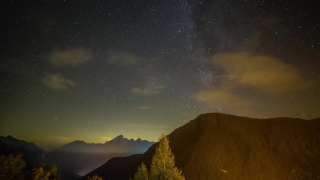 Night timelapse of clouds moving over the Dolomites in Italy with the Milky Way visible