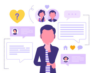 Dating service for a male user. Man using social website or matchmaking application, seeking a romantic companion, partner, meet girlfriend online. Vector abstract illustration with faceless character