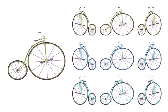 Penny farthing bike set. Retro fashion high wheel bicycle for entertainment, recreational pastime and sport. Vector flat style cartoon illustration isolated on white background, different views, color