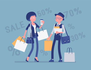 Sale for happy people. Man, woman enjoy shopping together, buying goods at lower price, consumers getting a good bargain. Vector illustration with faceless character, discount percentage background