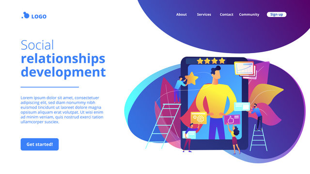 Personal development and self improvement course. Impression management, impression management strategies, social relationships development concept. Website homepage landing web page template.