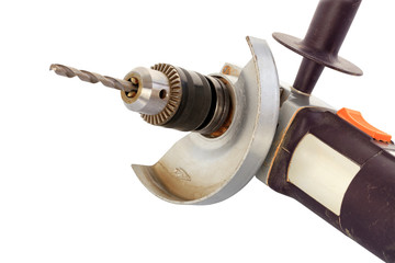 Angle grinder drill, metal keyed drill chuck, stable chuck convertor and drill on the white...